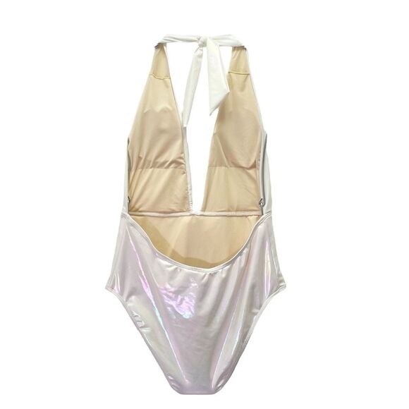 NWT Beach Joy White Metallic Plunge One Piece Swimsuit Size Medium Bridal Bow - Picture 3 of 16
